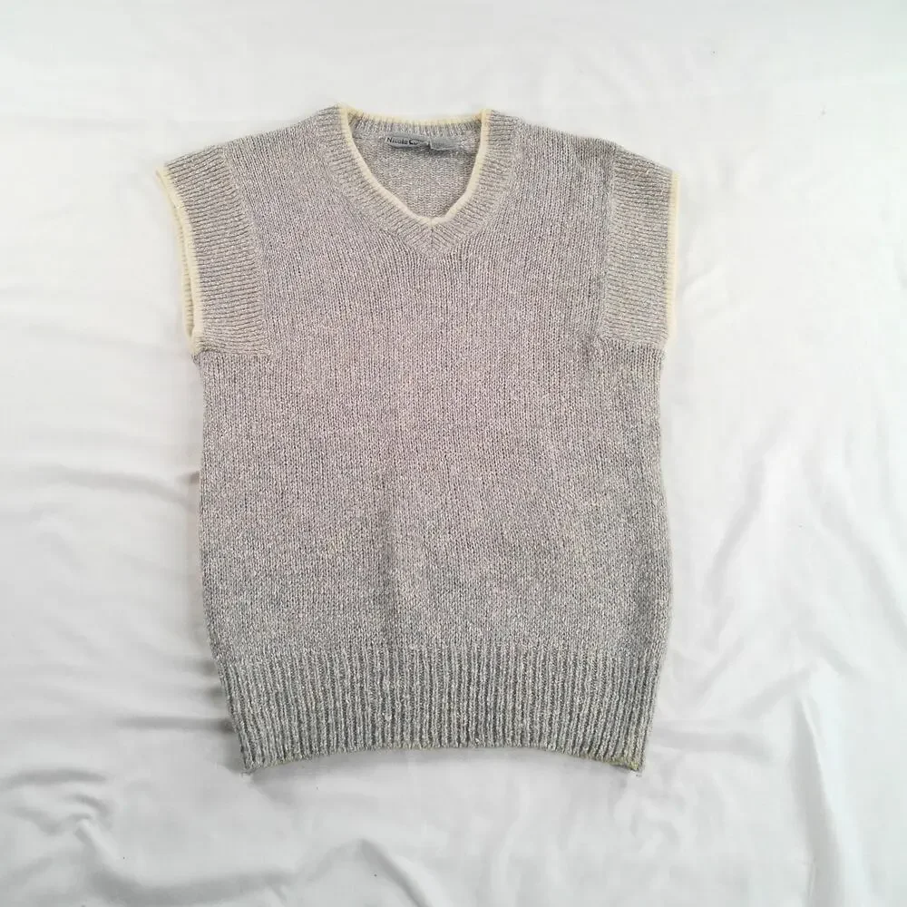 Vintage Nicole Curie Silk Angora Sweater Vest Gray V-Neck Knit Korea Women's